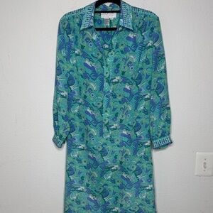 Schrader Petite vintage whimsical long sleeve Vibrant Green/ Blue Dress size 14